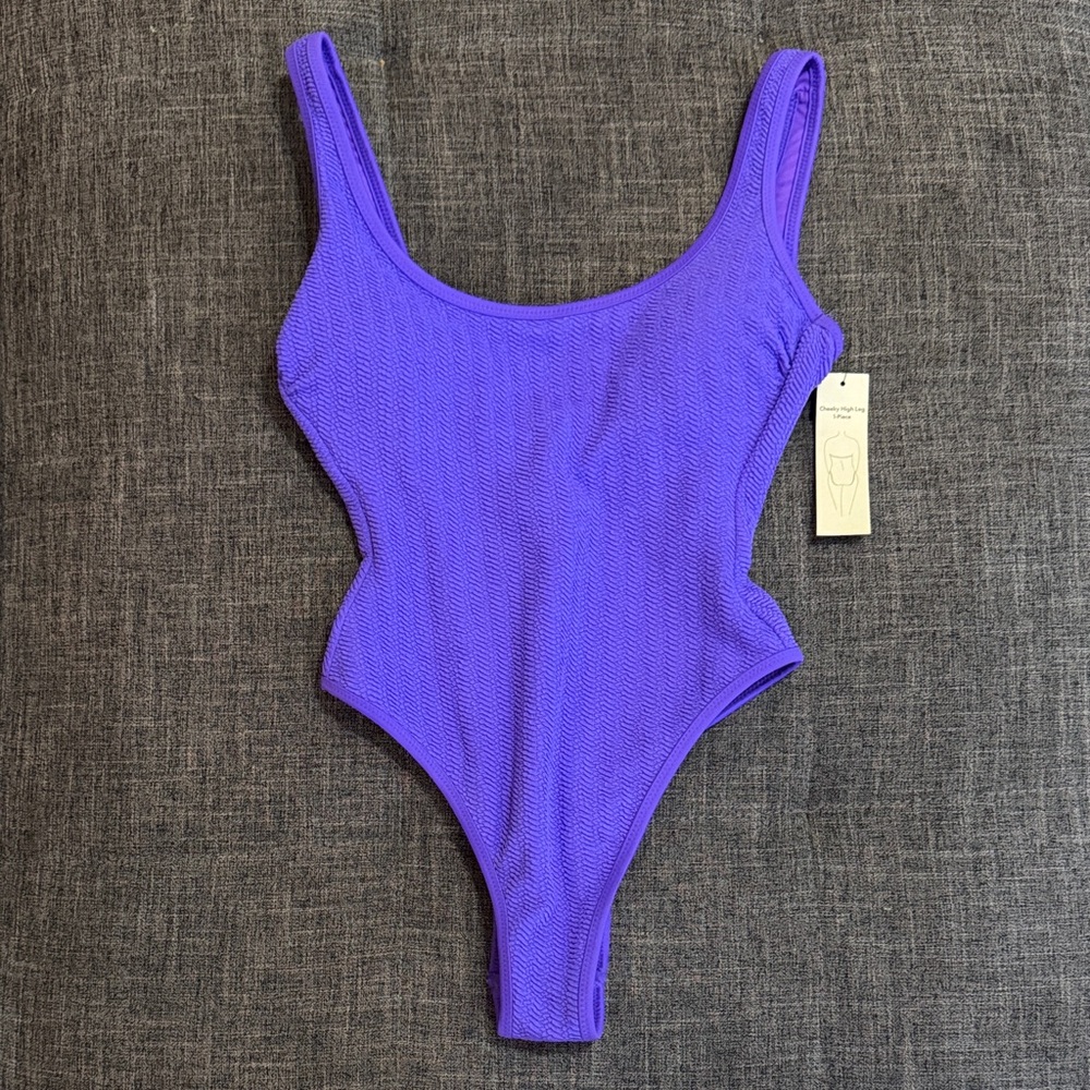 No Boundaries Purple Textured One Piece Swimsuit XS NWT Cheeky High Leg